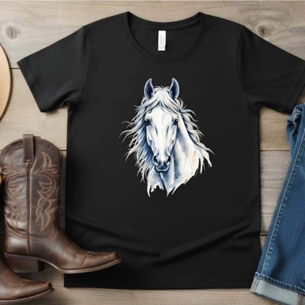 White Horse Graphic Tee Black Western Ranch Shirt Equestrian Cowboy Cowgirl